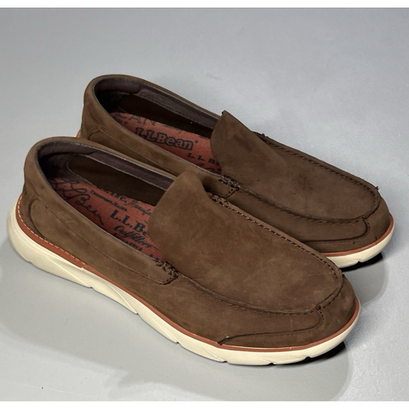 LL Bean Mens Kennebec Slip On Shoes 9 Medium Dark Earth Leather Athletic Sneaker - Picture 1 of 10
